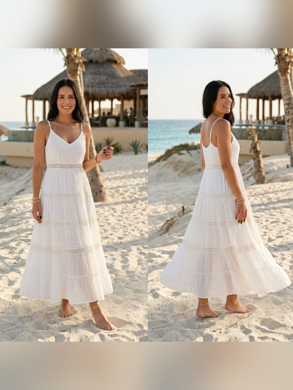 Peach Love California White Boho Tiered Maxi Dress Lace Insets Size Medium M
